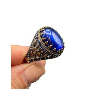 Man Ring Blue Spinel Sterling Silver Large Size 15 Statement Ring Domed Design